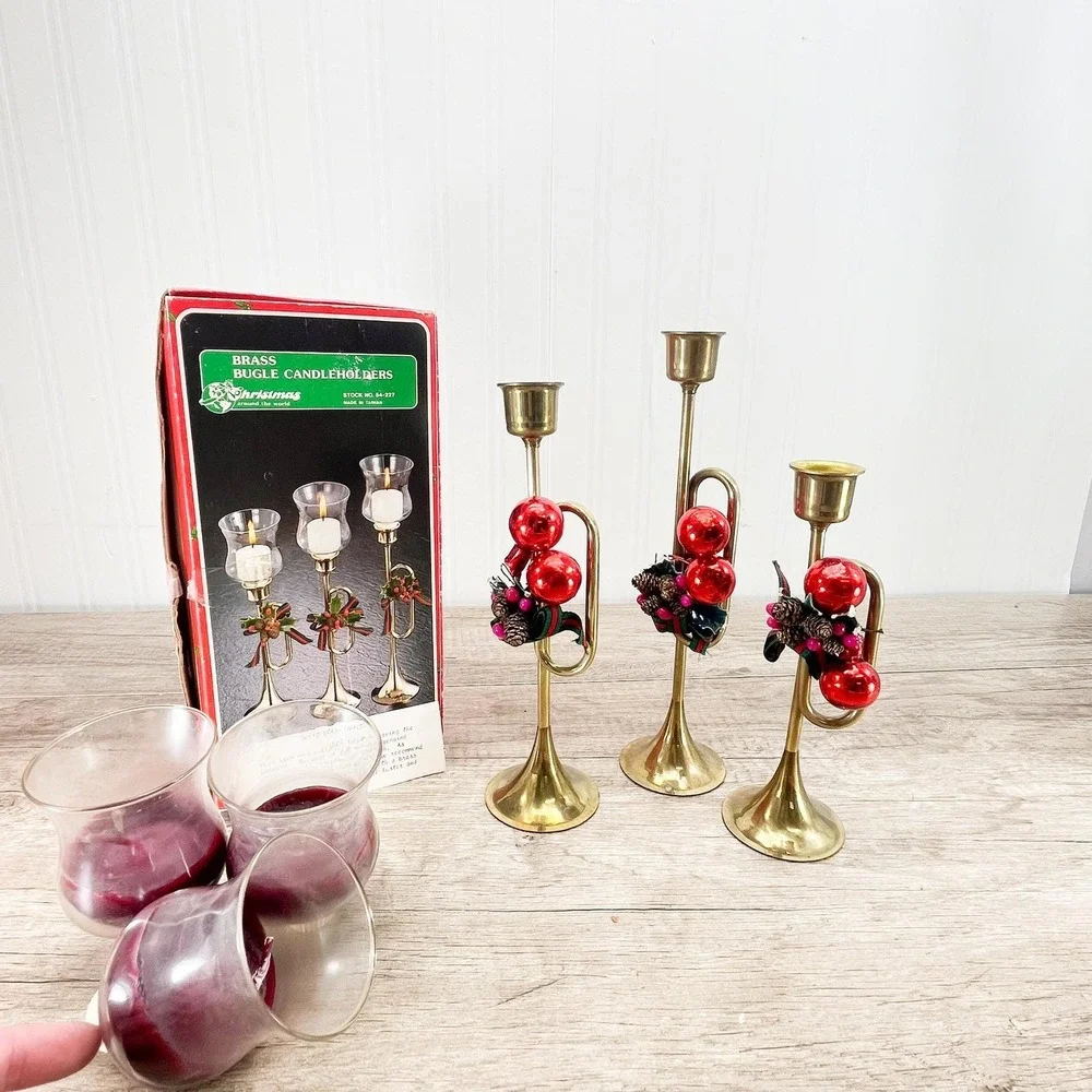 Vintage Brass Horn‎ Candlestick Set: MCM Holiday Votive Holders